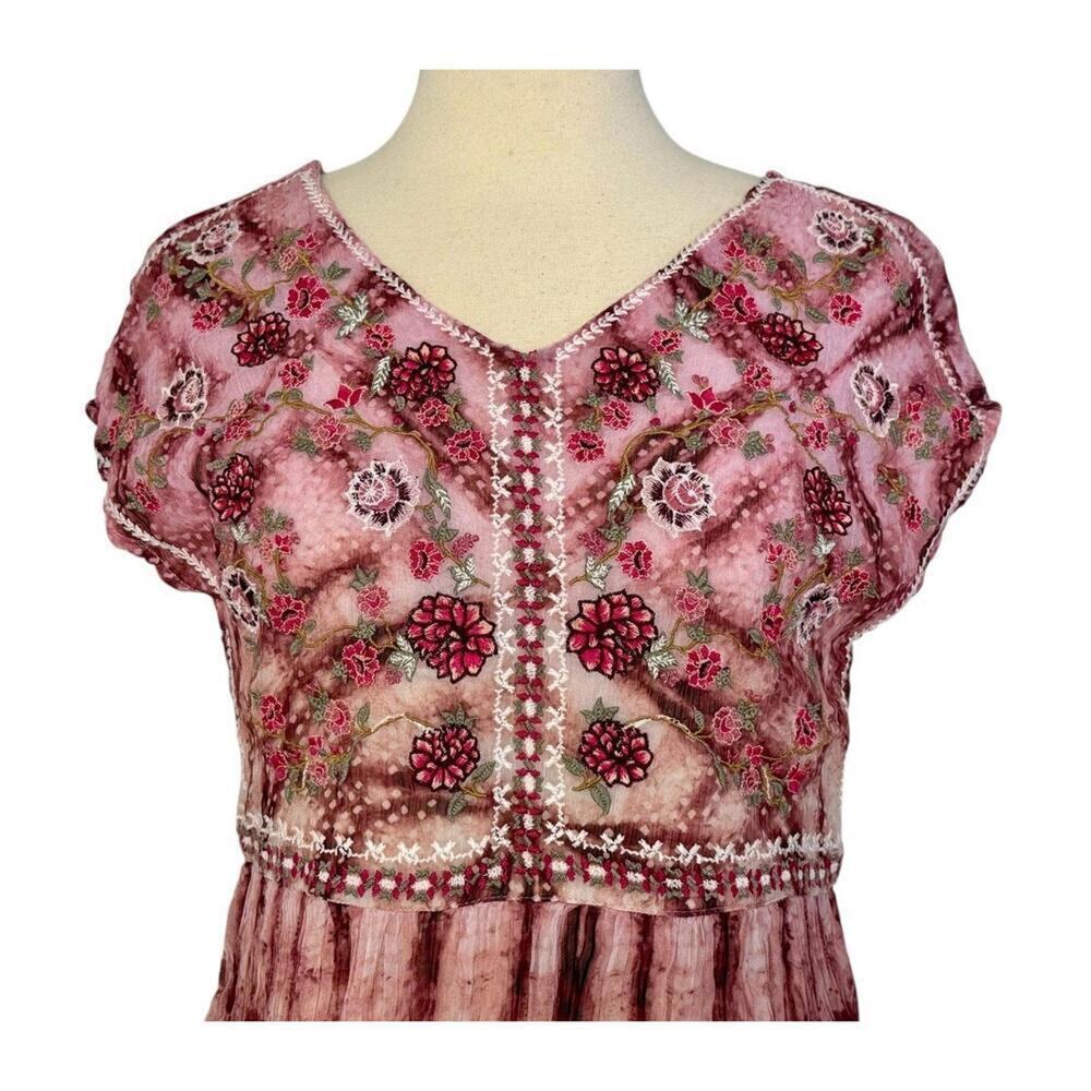 240 Sundance Gemi Embroidered Floral Pink Tie-Dye Boho Midi Dress (Medium, EUC) - Picture 4 of 5